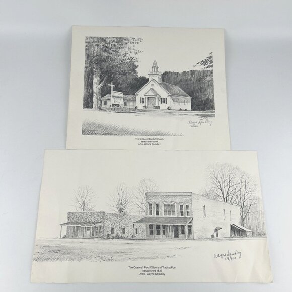 Wayne Spradley Set/2 Cropwell Baptist Church - Post Office Trading Post -Signed - Picture 1 of 16